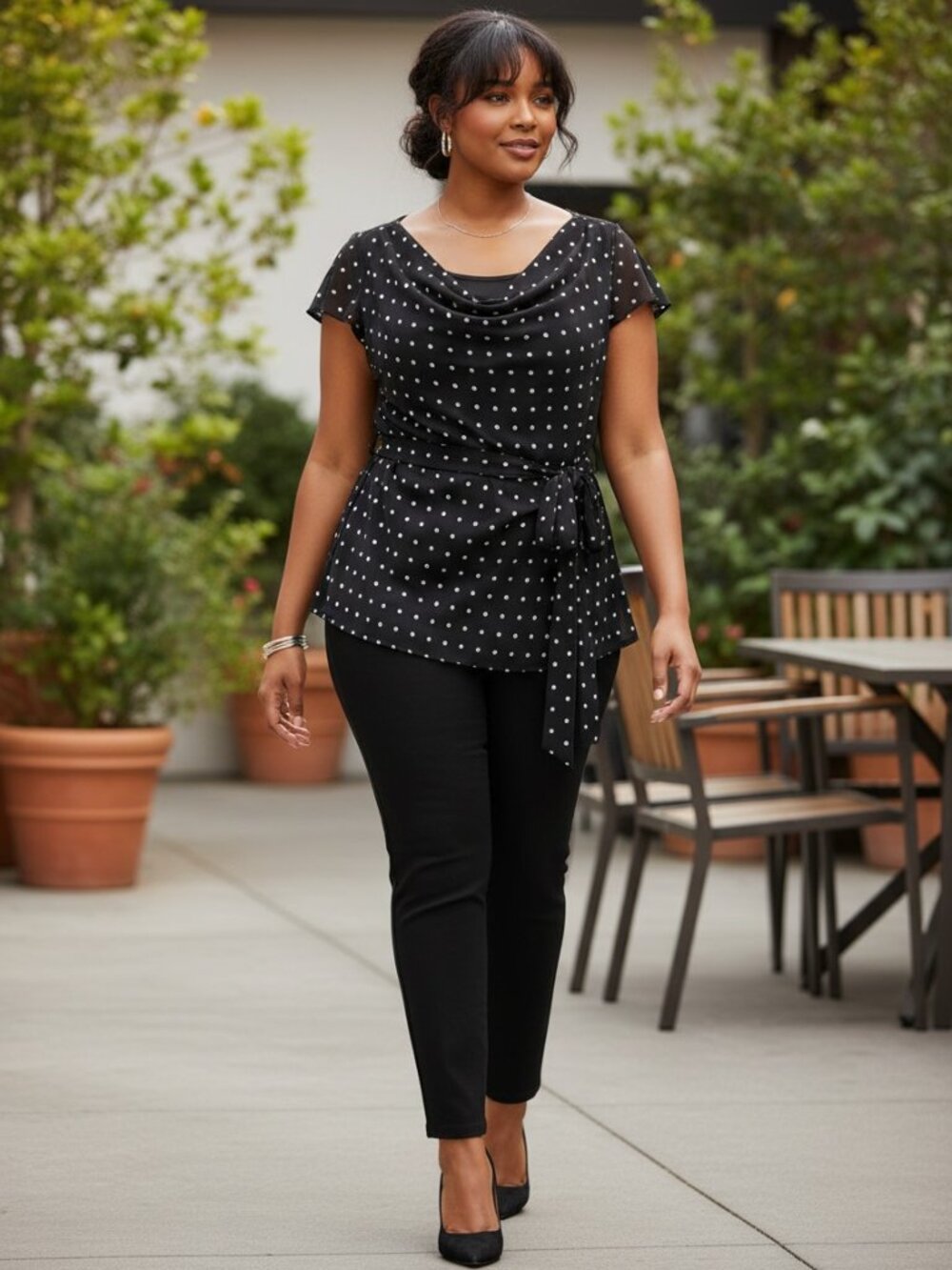 Worthington Polka Dot Blouse Womens Large Black‎ Excellent Cowl Neck Waist Tie